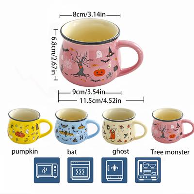 4pcs Halloween Ceramic Mugs Set,Spooky Ghosts, Bats, Witches,Pumpkins Design,Durable Dishwasher Safe Coffee Cups for Hot/Cold Drinks, Multi Color