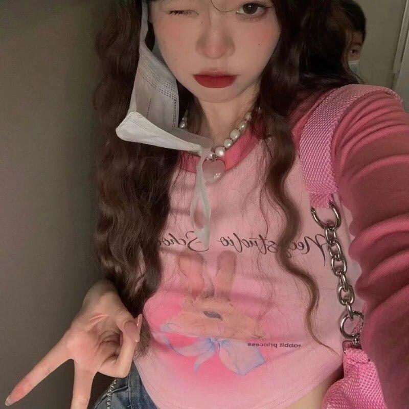 2KWEIRD Crop Tops Korean Woman Tshirts O-neck Long Sleeve Contrast Color Tunic Tees Fashion Casual Sweet Y2k T Shirt