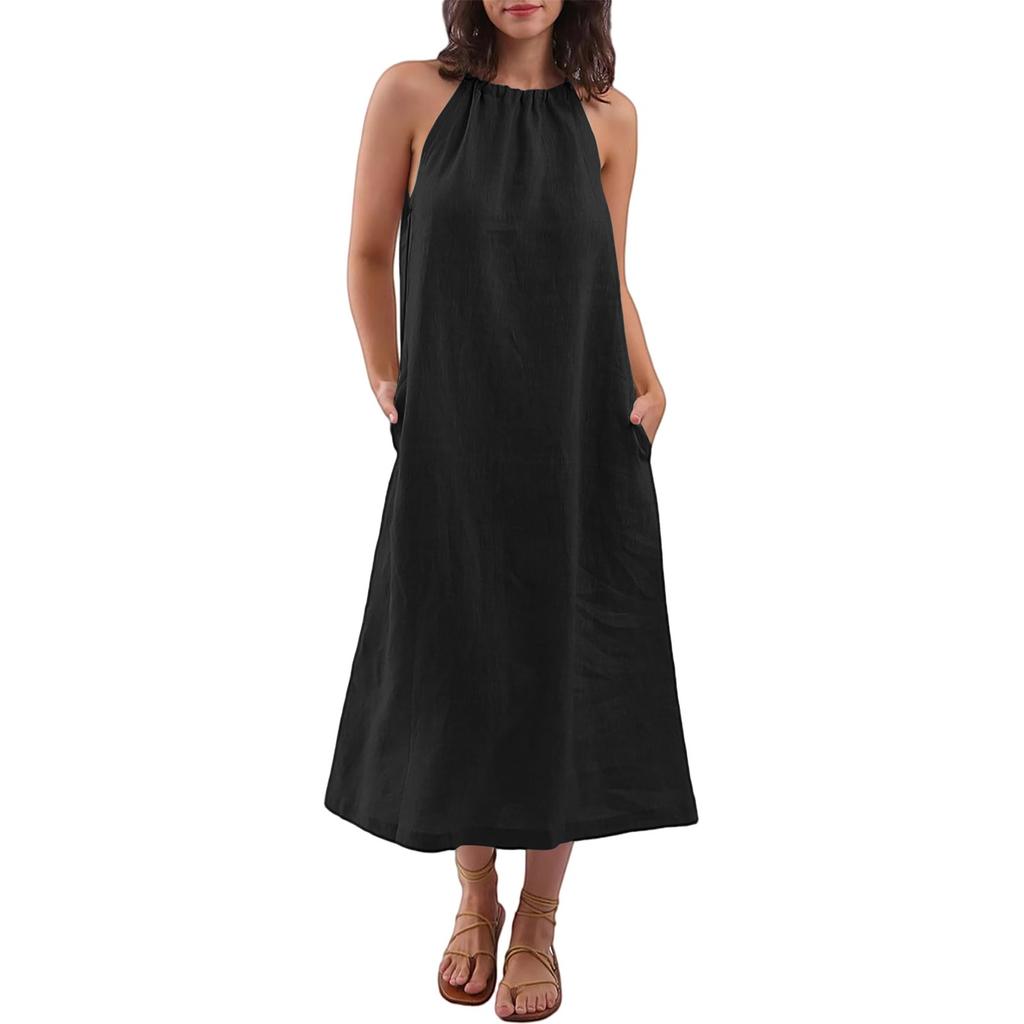 Women's Fashion Sleeveless Round Neck Straps Cotton Linen Dresses