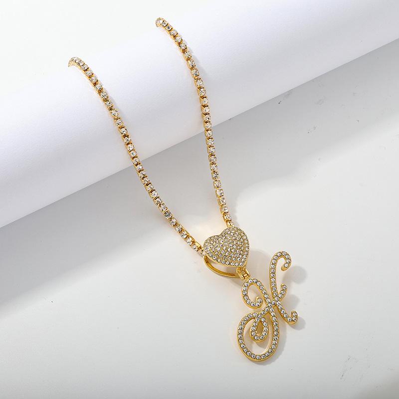 26 Flower Letter Necklace: Hip Hop Heart Pendant with Full Diamond Inlaid Tennis Chain for Women