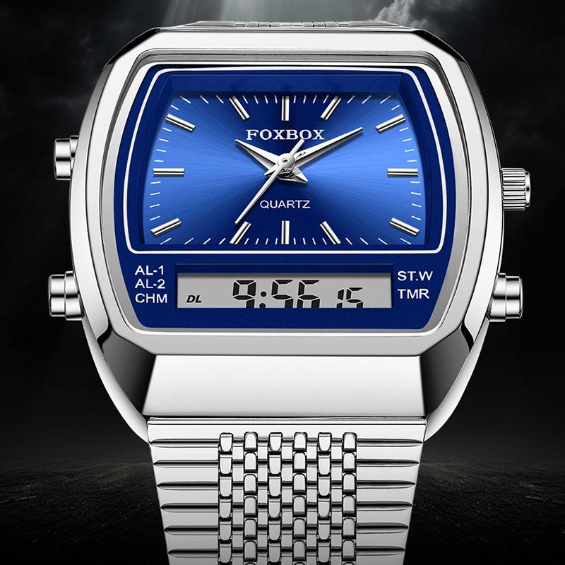 FOXBOX Mens Watch Luxury Sports Fashion Digital Men's Watches Waterproof Luminous Steel Quartz Wristwatches Reloj Hombre