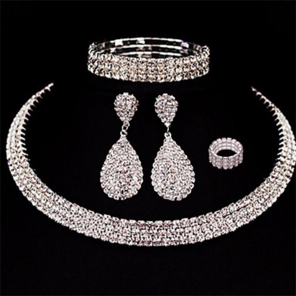 Luxury Necklace Bracelet Earring Ring Sets Shiny Rhinestone Choker Necklace  Bridal Party