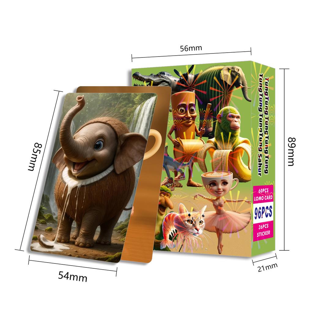 96pcs/Box TungTungTungSahur Italian Brainrot Wooden Sticker (36pcs ) + 60pcs  TungTungTungSahur LOMO Cards Anime Collectible Set