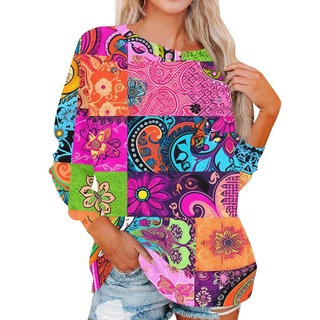 Damen Modisches Rundhals Schulter Langarm Bedrucktes Lässiges Pullover-Oberteil