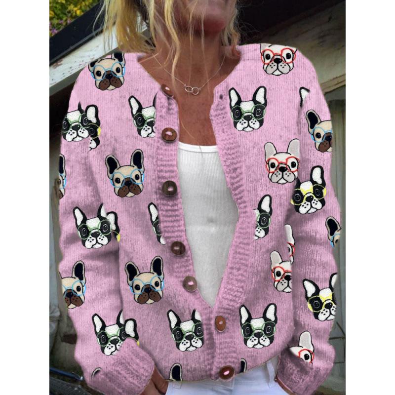 Cardigan Tricot Femme Col Rond Boutonnage Simple Imprimé Floral Manches Longues Vêtement d'Extérieur Décontracté
