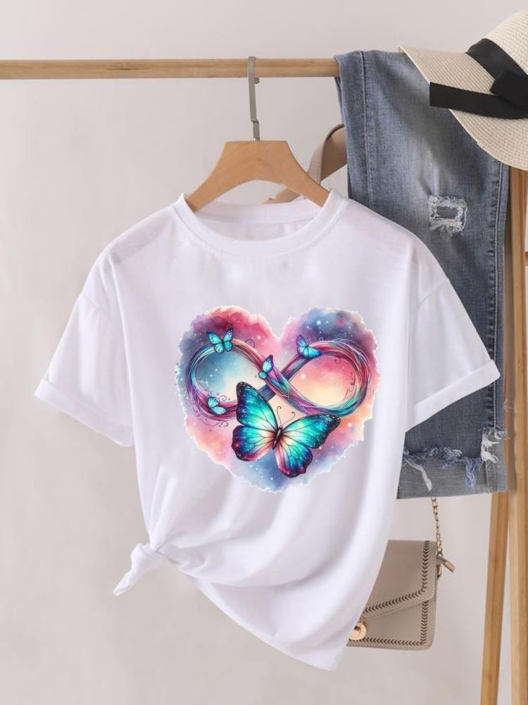 (Asian Size) Lady Clothing o-neck T Shirt sweet butterfly style Printed Female Top Casual Fashion Women Graphic Tee Short Sleeve T-shirts