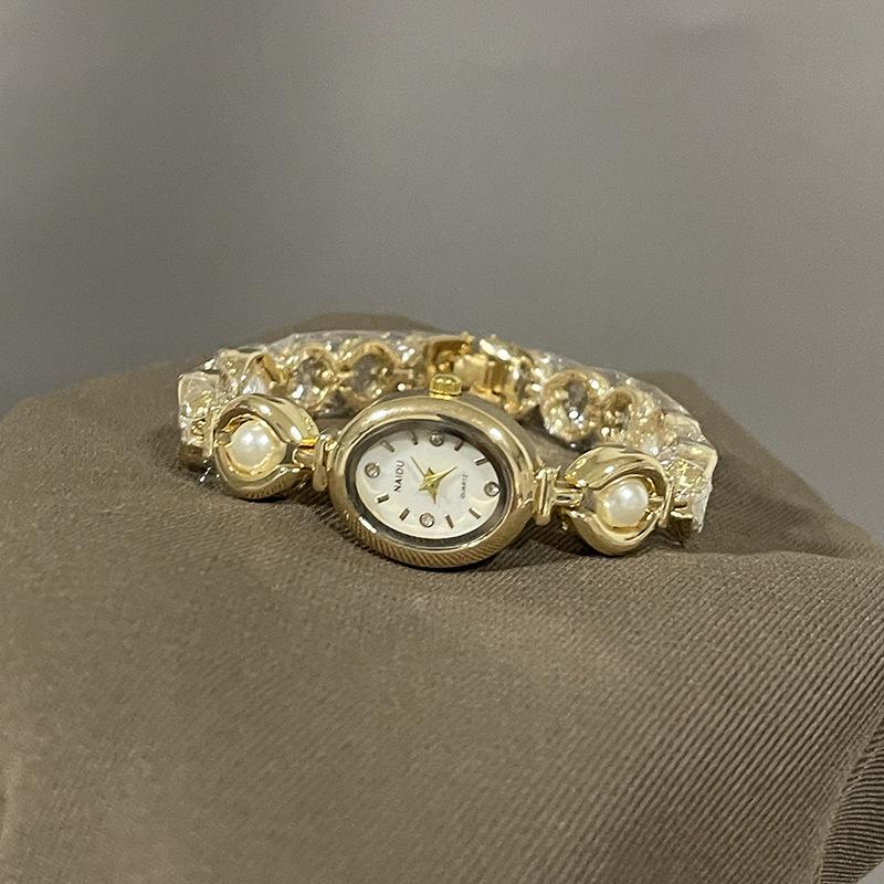 Bracelet Watch Women'S Oval Steel Belt Medieval Light Luxury Imitation Pearl Watch Temperament