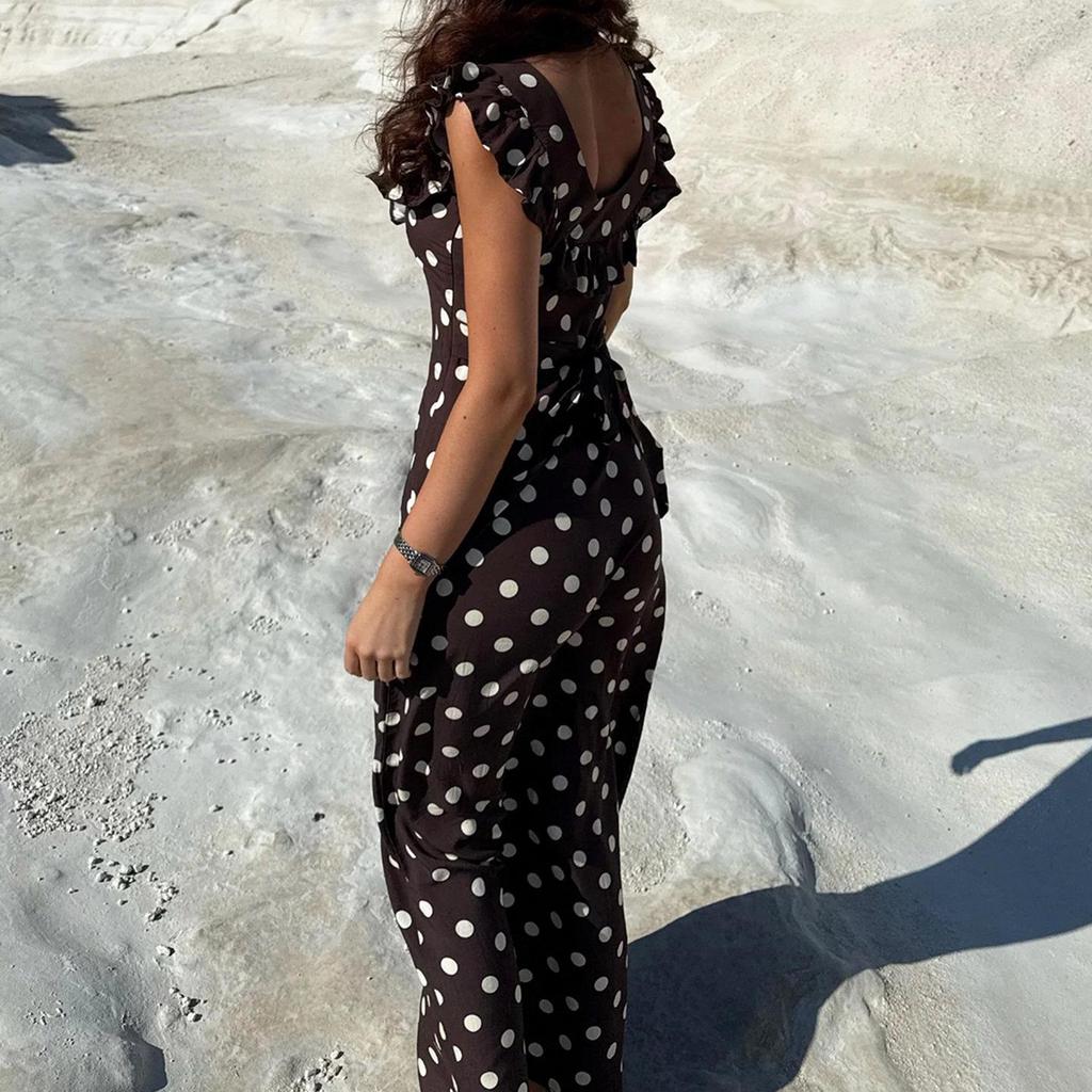 2026 Elegant French Polka Dot Ruffle Dress - Slimming, Backless U-neck with Romantic Drape