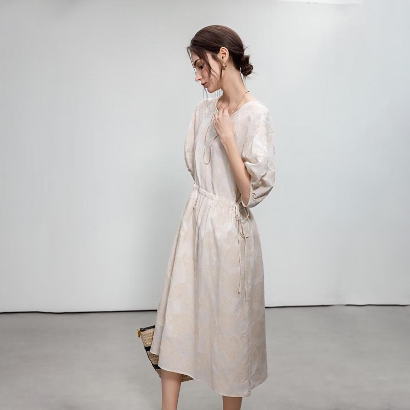 Demana French Style Elbow-Sleeve Drawstring Midi Dress M