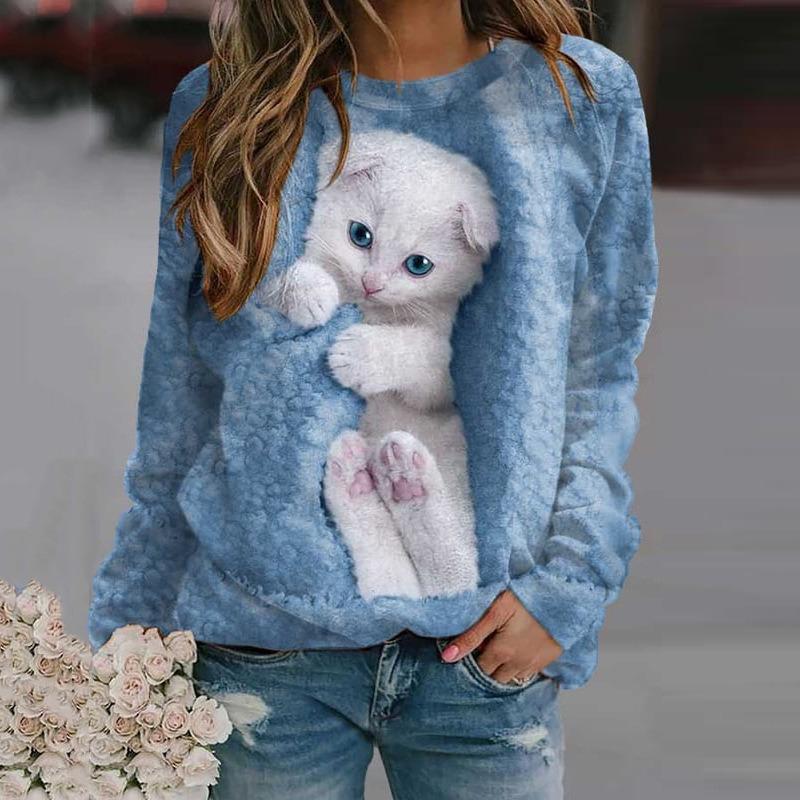 Cute Cat Print Long Sleeved Round Neck Pullover Plus Size Comfortable Casual Loose Women's Pullover