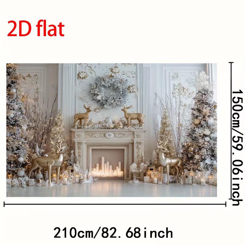 2D White Gold Christmas Fireplace Backdrop Reindeer Photography Background