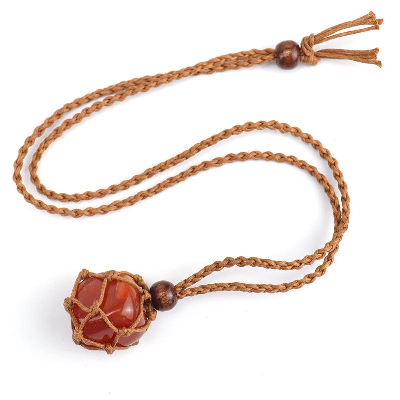 Natural Stone Crystal Rough Stone Mesh Pocket Hand-Woven Necklace Pendant, Adjustable N558
