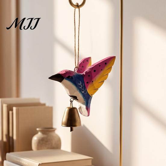 Eco Friendly Hanging Ornament Hand Carved Wooden Bird Wind Chime, Rustic Bell Decor Handmade Hummingbird Chimes with Rope, Wood Pendant for
