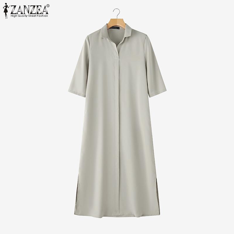 ZANZEA Women Casual Turn Down Collar Solid Color 3/4 Sleeve Shirt Dress