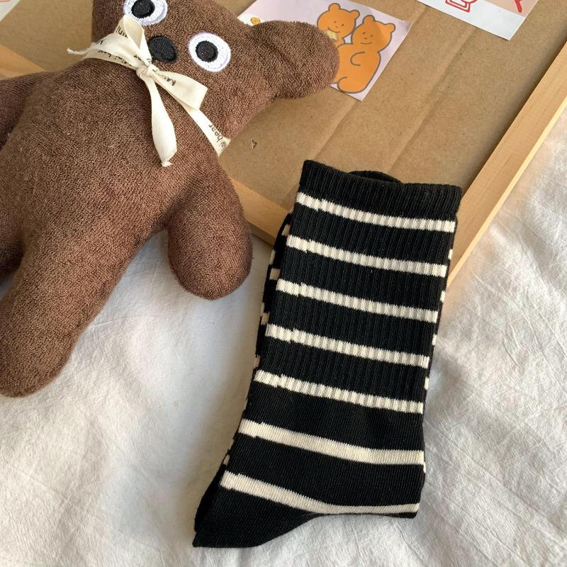 Striped Pile Pile Socks for Women, Mid-calf, Autumn and Winter, Pure Cotton Sweat-absorbing Women's Socks, School-style Retro Socks, Cotton Socks