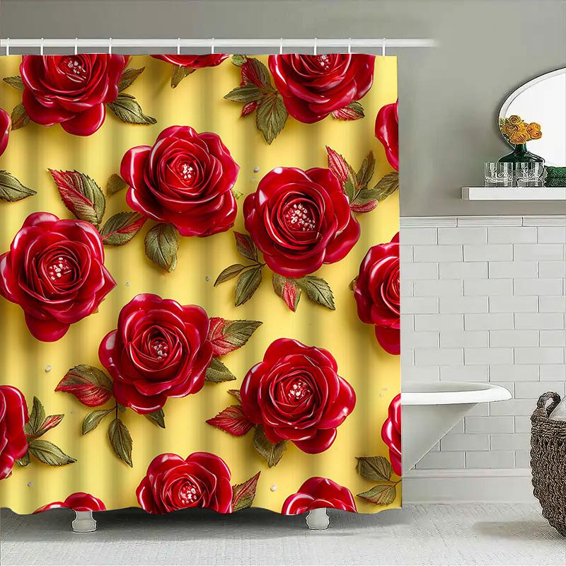 Luxury Red Rose Shower Curtain Floral Printed Fabric Bathing Room Decor Polyester Waterproof Wall Hanging Perfect Wedding Gift D