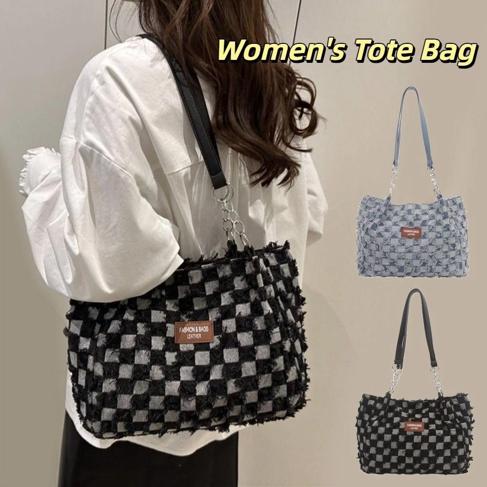 Plaid Women's Tote Bag Beggar Style Commuting Bags Korean Denim Shoulder Bags Ladies