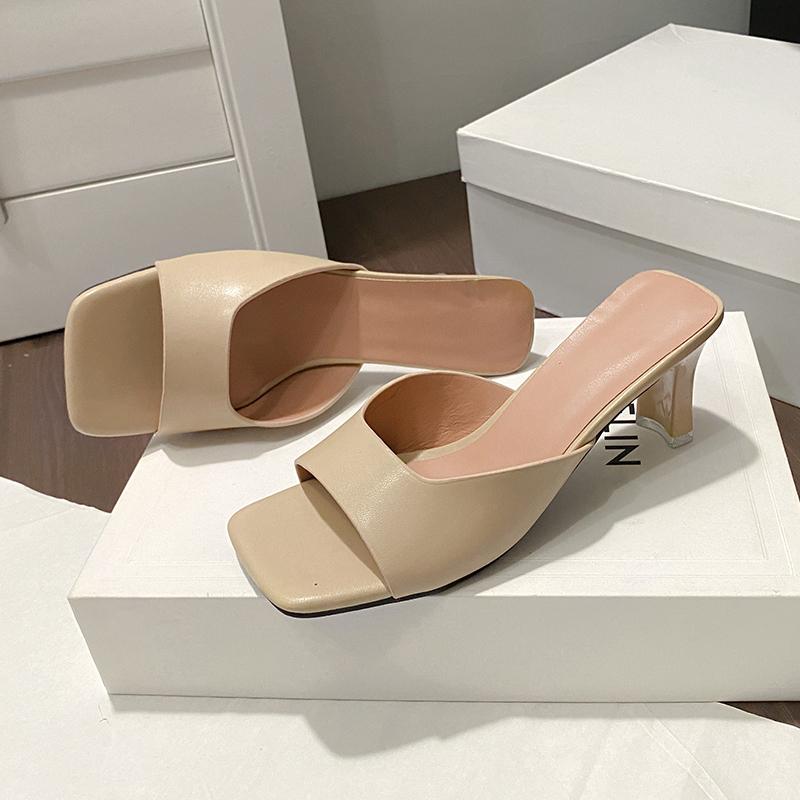 Leather French Slim Heel Slippers for Women's Summer New Fashionable Sandals Women Sweet Round Toe Slipper Ladies Shoes