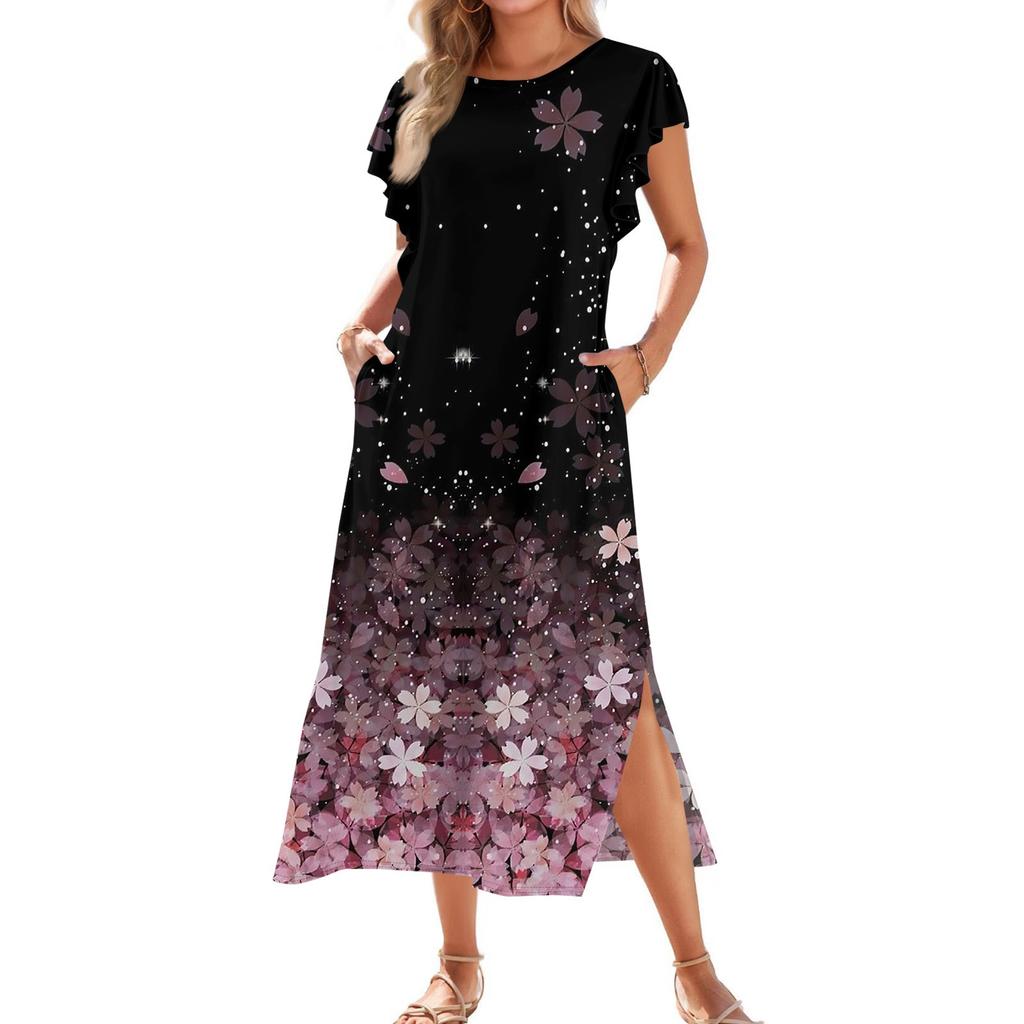 Ladies' Fashionable Summer Casual Pleated Sleeves, Loose Retro Floral Print, Short Sleeves, Round Tie, Pocket Beach Dress