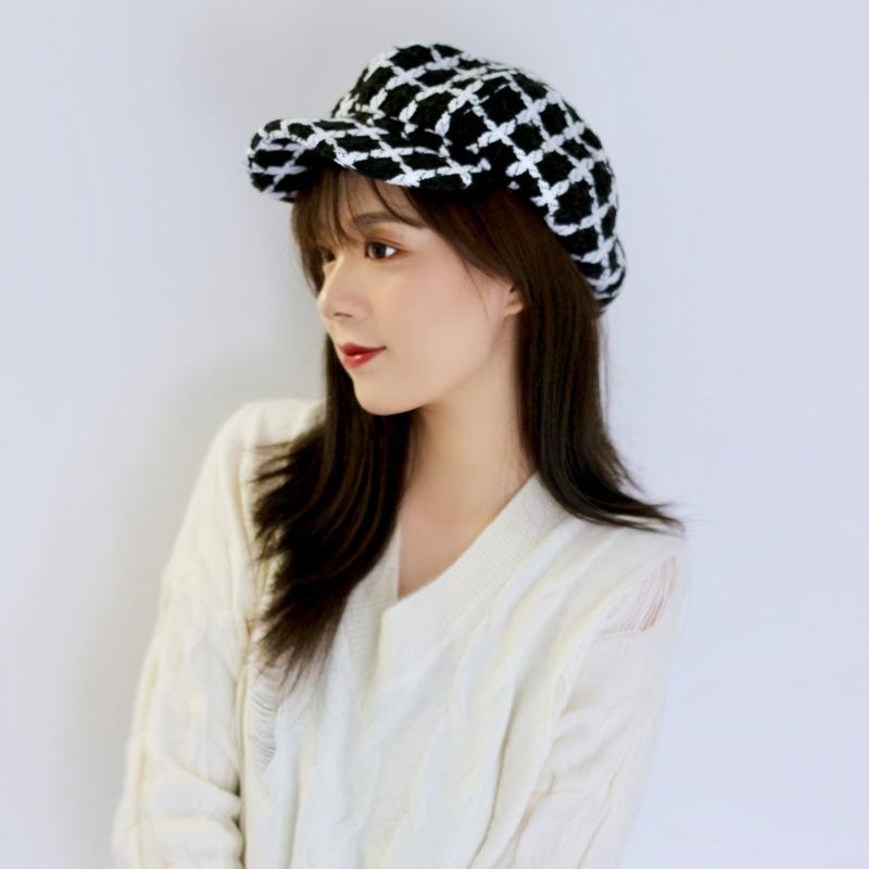 Xiaoxiangfeng Black And White Plaid Tweed Cap Female British Retro Beret Octagonal Hat Newsboy Hat