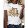 European Size Women's White Short Sleeve T-Shirt - Autumn Plaid & Leopard Print Lettering with (Leaves, Pumpkins) - Casual Crew Neck Top