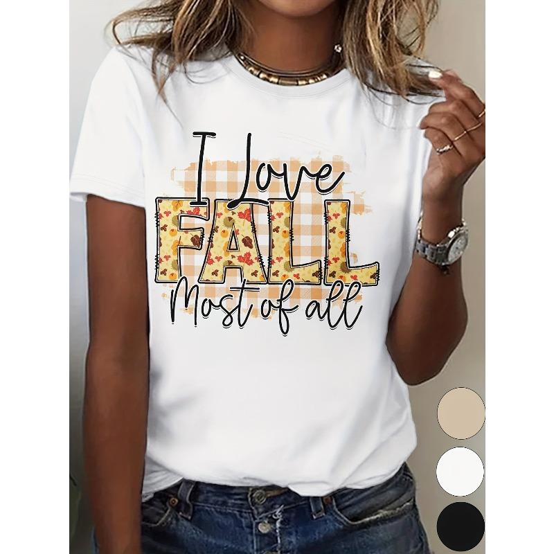 

European Size Women s White Short Sleeve T-Shirt - Autumn Plaid & Leopard Print Lettering with (Leaves, Pumpkins) - Casual Crew Neck Top 4XL білий