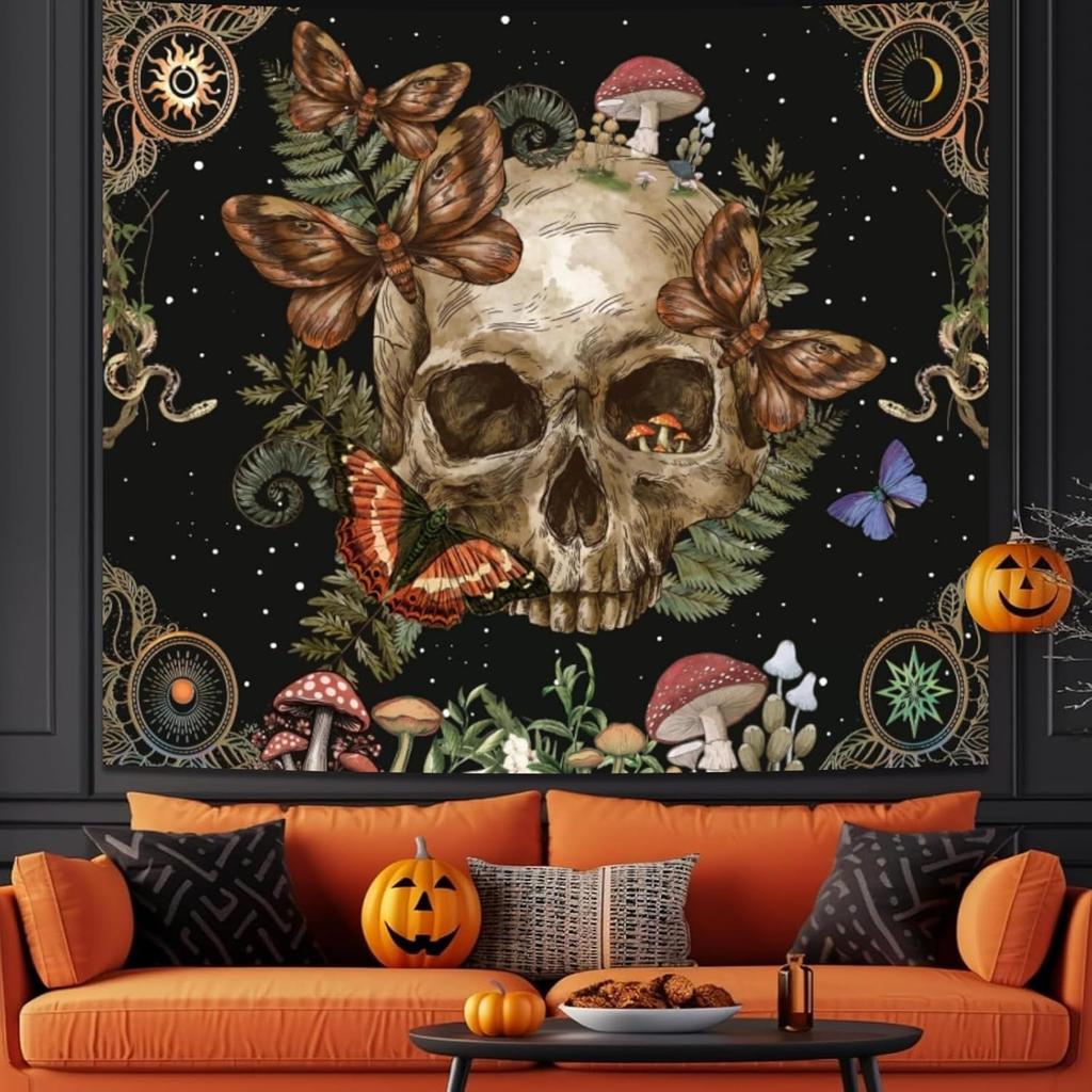 Halloween Gothic Bedroom Tapestry Retro Gothic Skull Flower Butterfly Printed Wall Tapestry Living Room Game Room Dormitory Deco