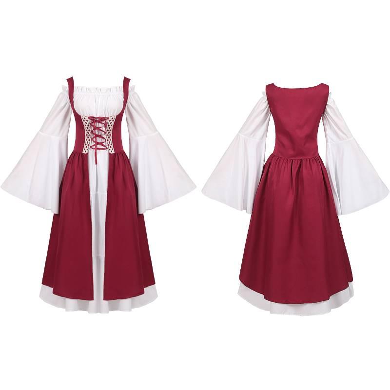 Medieval Women Victorian Long Red White Dress High Waist Design Parties Cosplay