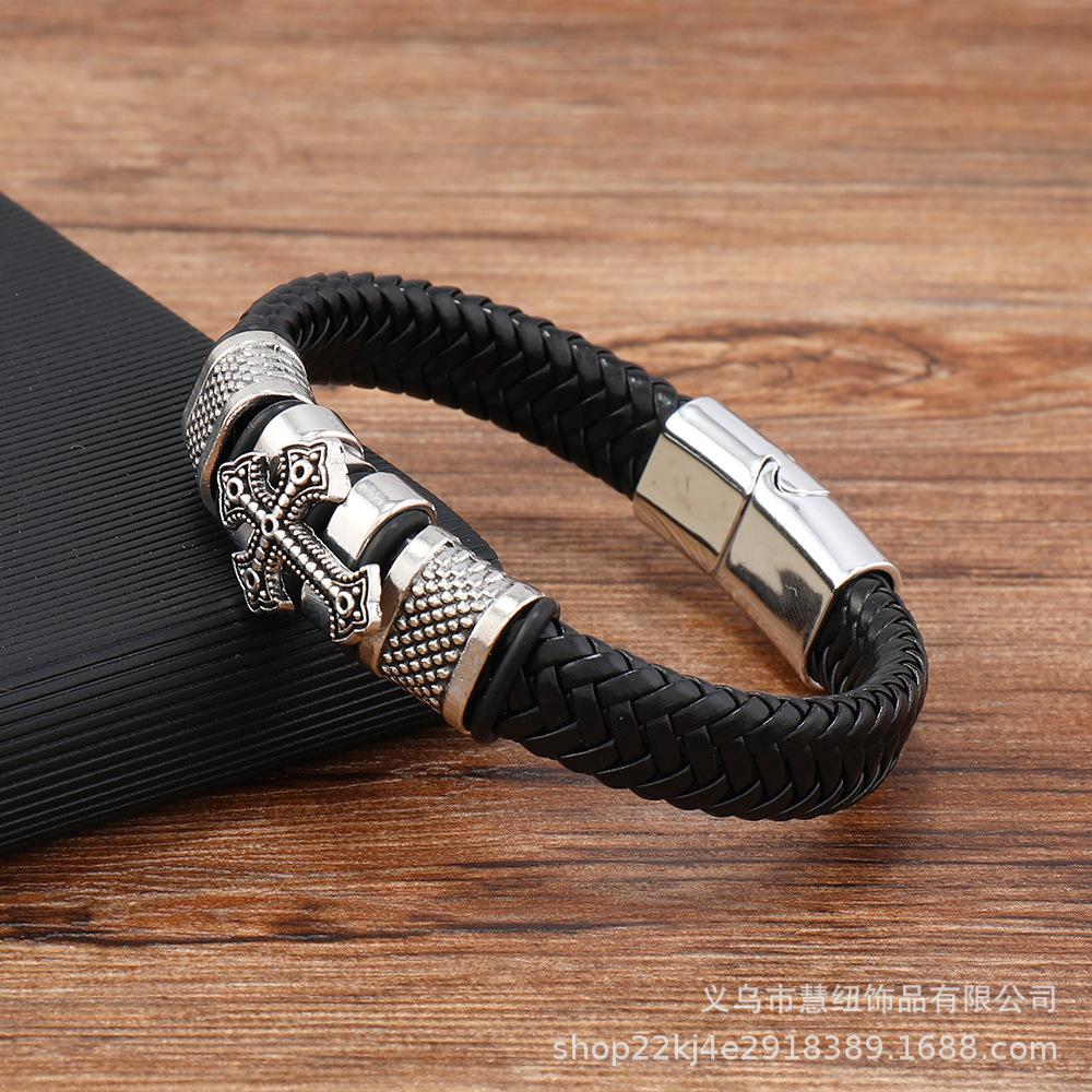 Men Simple Leather Braided Bracelet Alloy Accents European American Style Cross Fashion Alloy Bracelet