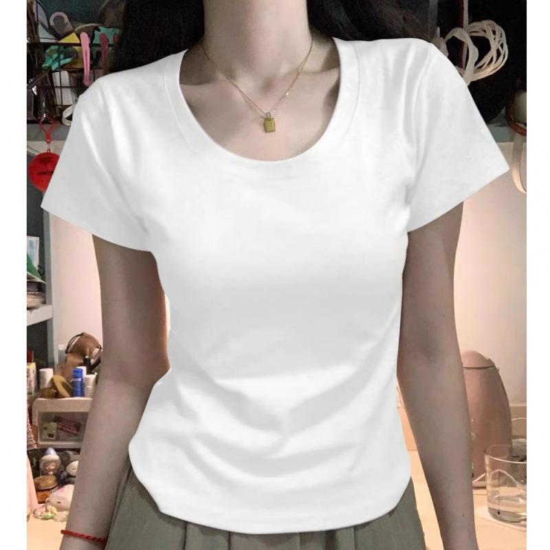 Milk Yellow Design Straight Shoulder Pure Cotton U-neck Short-sleeved T-shirt Women's Summer Spice Short Slim-fitting Waist Top