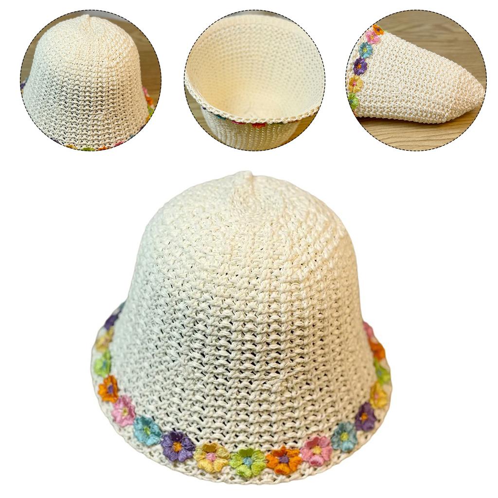 Girls Teens Crochet Bucket Hat with Flower Decals Woman Straw Weaving Floppy Hat Teens Summer Spring Camping Sun Hat
