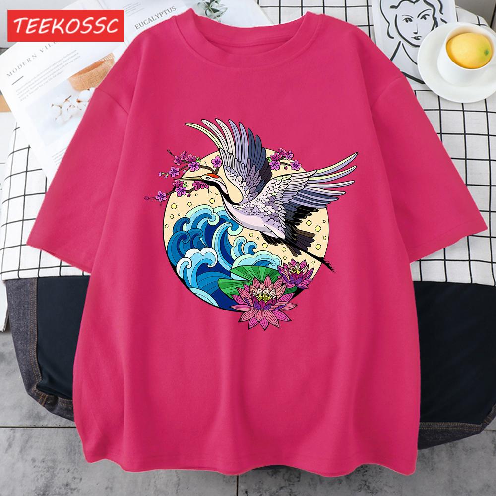 Cranes Enjoy Blooming Flowers Men T Shirts Vintage Fashion Soft Short Sleeve Summer Comfortable TShirt Unisex Cotton Loose Top