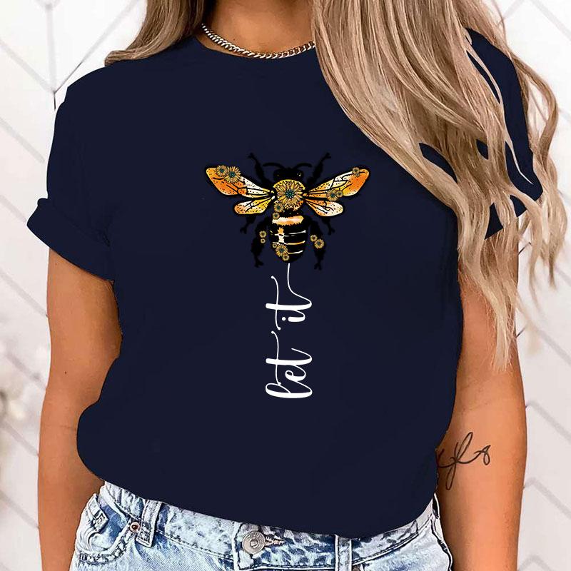 (High Quality T Shirt)Funny Bee Let It Print T-Shirts For Women Summer Round Neck Tee Shirt Femme Fashion Casual T-Shirts