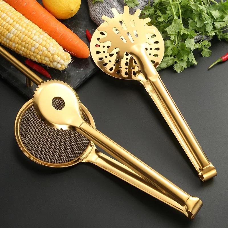 Gold Stainless Steel Food Clip Fried Food Clip Creative Steak Drain Filter with Filter Mesh Leakage Kitchen Tools