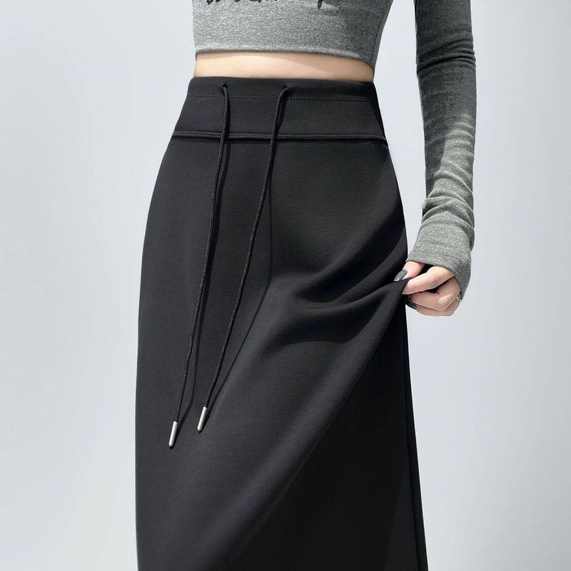 Gray Sports Skirt New Style High-Waisted Straight-Cut Slit Elastic Slimming Drape Drawstring Casual Long Skirt