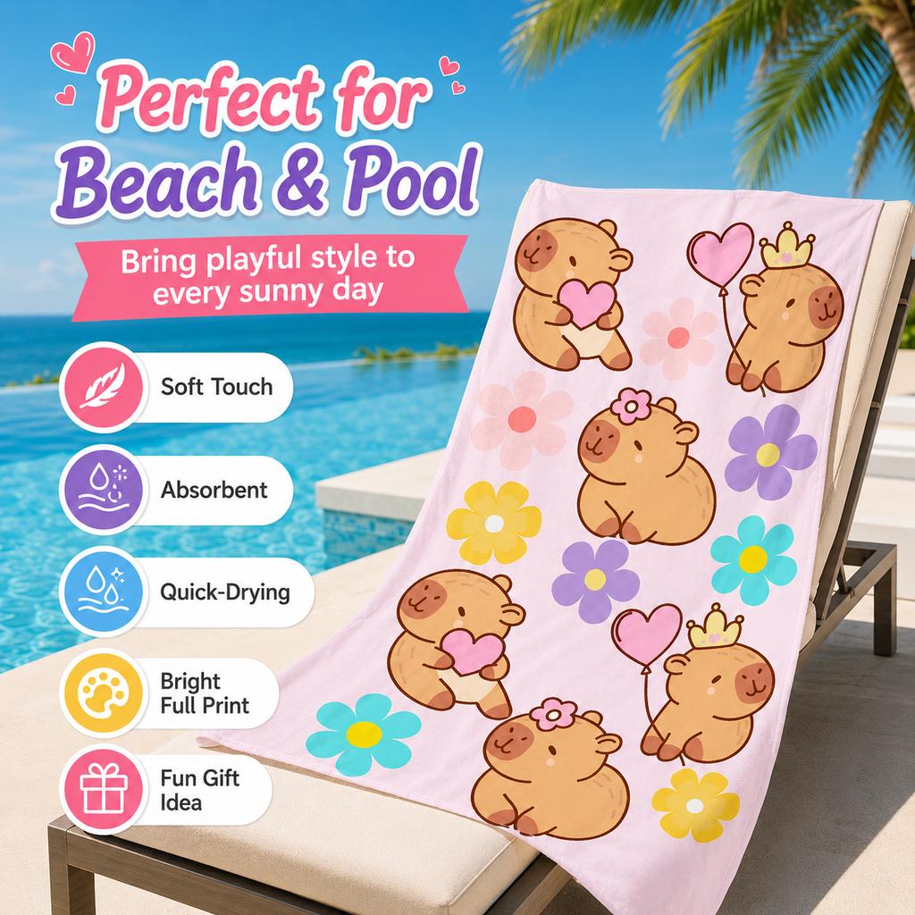 Cute Capybara Pink Beach Towel Flat Print Soft Quick-Dry Microfiber Large Bath Towel for Summer Beach Travel Outdoor Gift