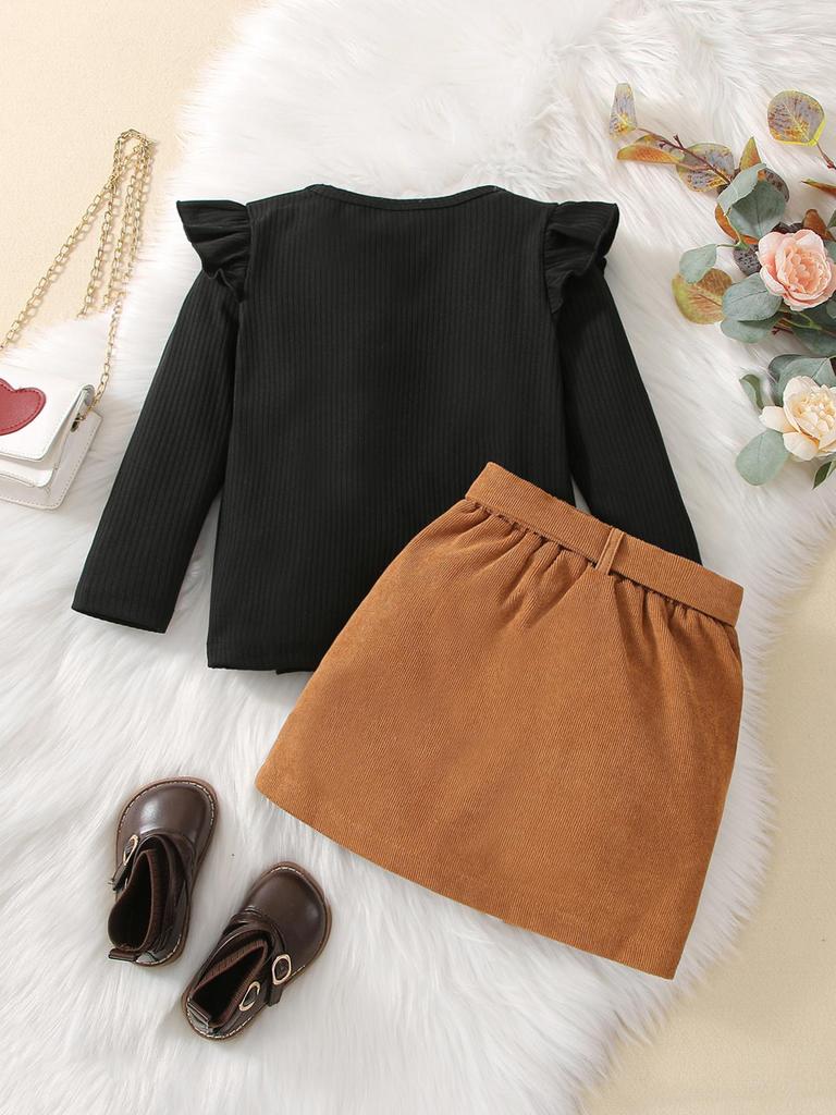 Black Ribbed Round Neck Long Sleeve Top + Girls Fashion Yellow Brown Half Skirt Set