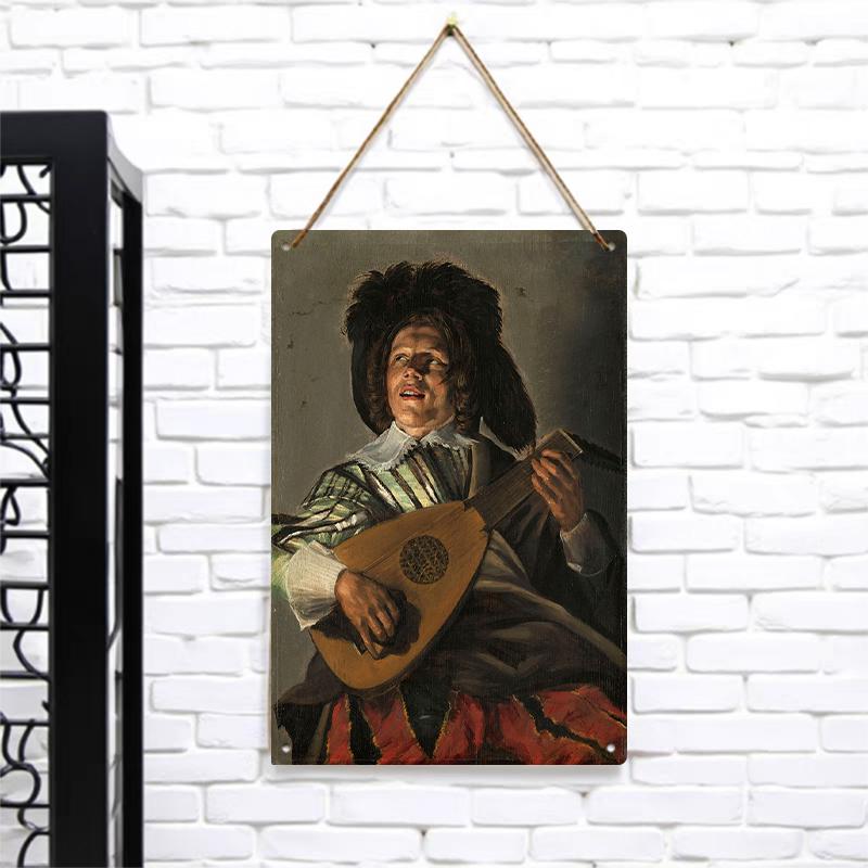 Vintage Court Style Lute Player Metal Tin Painting European Classical Home Decor Living Room Wall Art Hanging