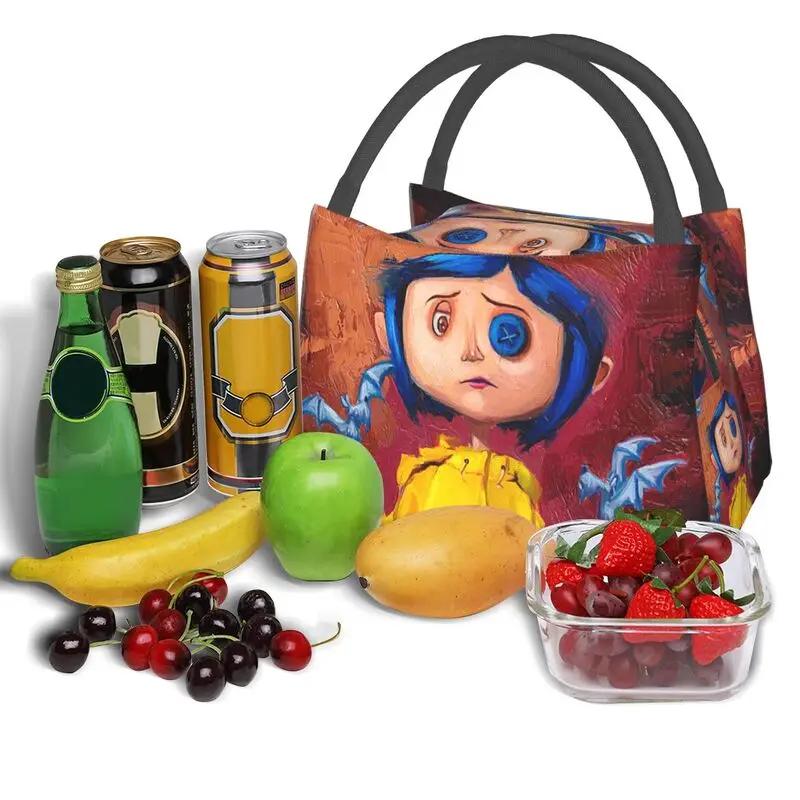Halloween Horrorfilm Coraline Thermoisolierte Lunchtaschen Damen Wiederverwendbarer Lunchbehälter für Outdoor-Picknick Mahlzeit Lebensmittelbox
