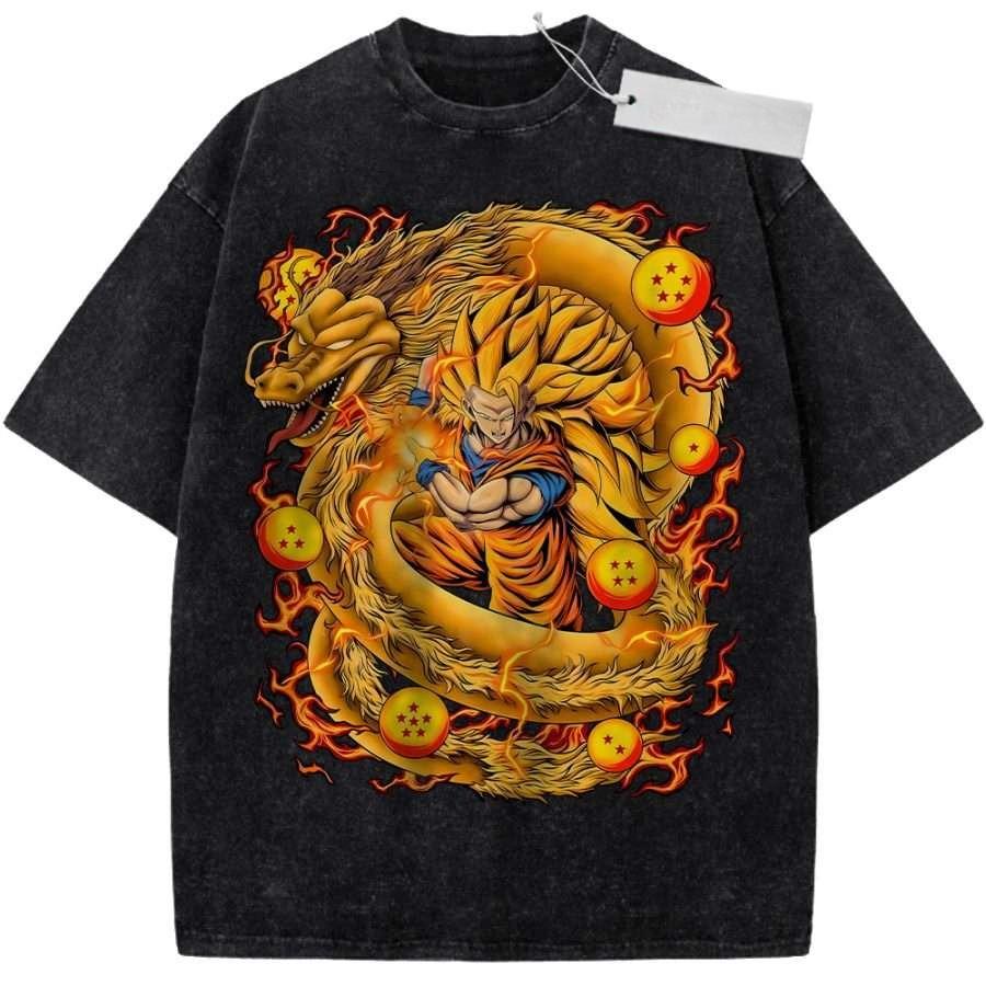 Summer Mens Black Washed T Shirt Dragon Ball Z Super Saiyan Goku Golden Dragon Dragon Balls Flames High Quality