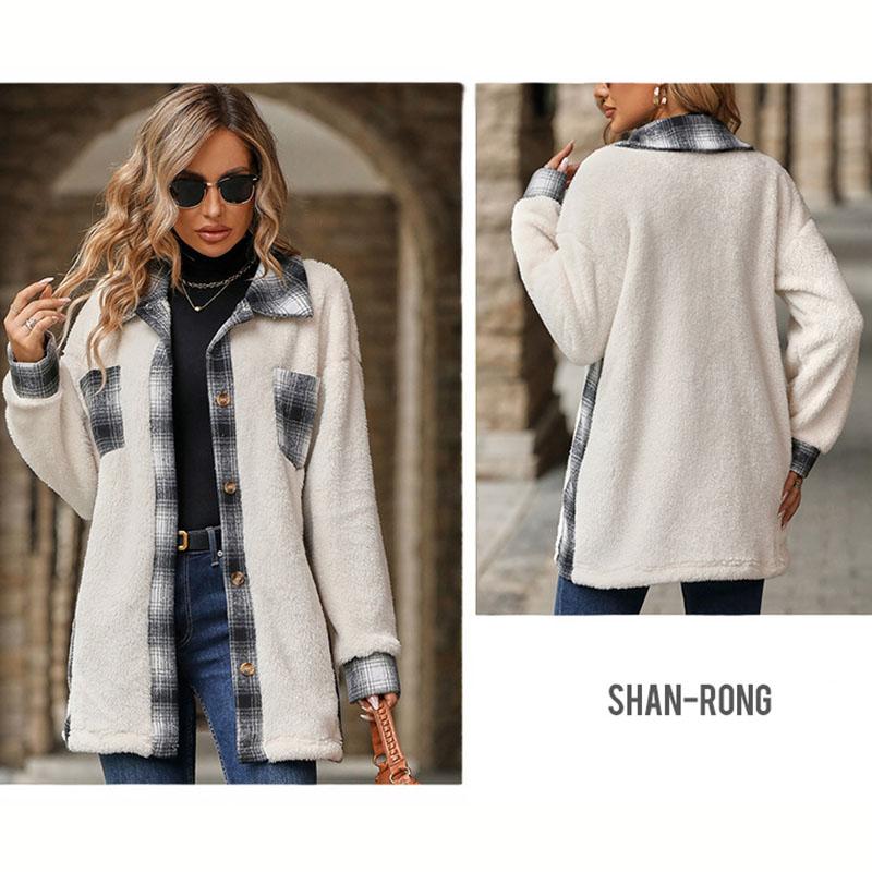 Turndown Collar Plaid Plush Jacket Women's Single Breasted Long Sleeved Coat Medium Length Loose Warm Outerwear Autumn and Winter New Fashion