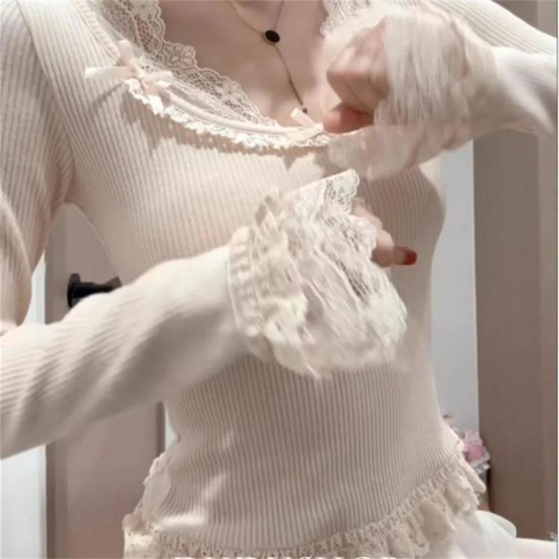 Japanese Sweet Bow Lace Patchwork Slim Tees Long Sleeve Solid All-match Korean Tshirts Spring Autumn Fashion Women Clothing