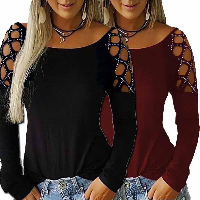 Cotton Long Sleeve T Shirt With Cutout Pattern And Sparkling Details For Women