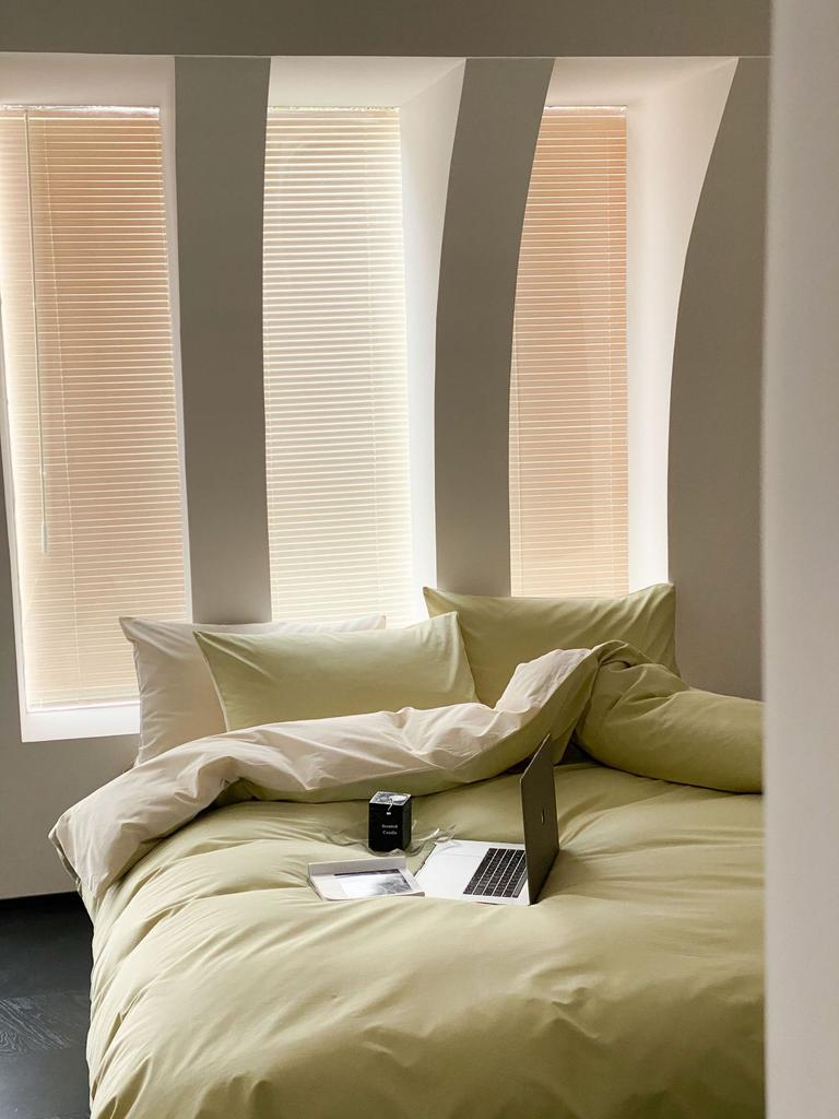 Conjunto de quatro peças de algodão puro lavado, estilo nórdico, cor sólida, duas peças, lençol de cama de algodão puro, capa de edredom, conjunto simples de três peças, capa de edredom