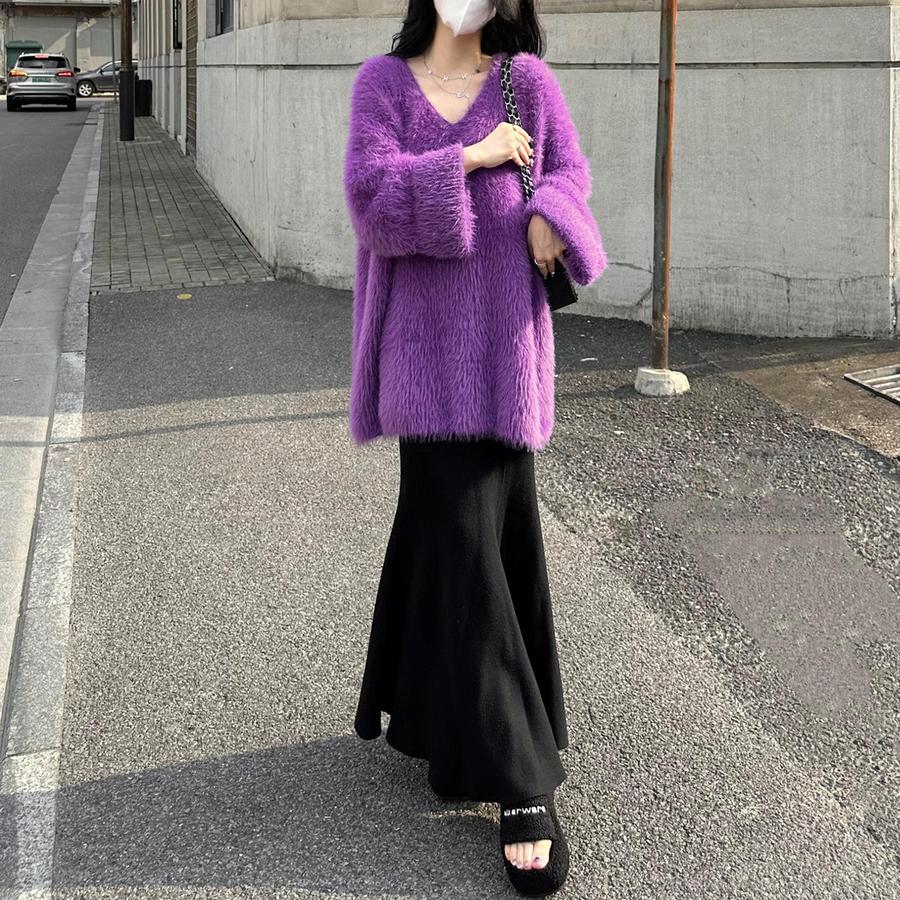 Autumn V-Neck Loose Lazy Style Faux Fur Coat Women's New Purple French Style Fashion Korean Top