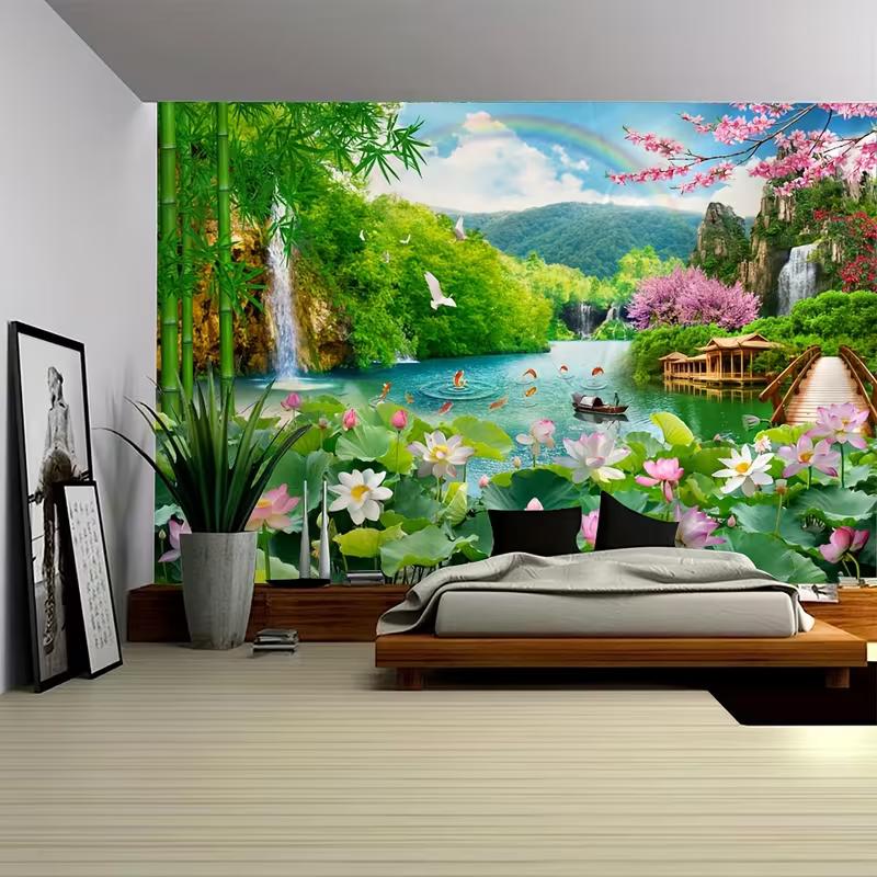

2D Scenic Nature Tapestry Bamboo Forest Waterfall Lake with Koi Lotus Wall Art Tapestry for Home Decoration 47.2x31.5inch/120*80cm