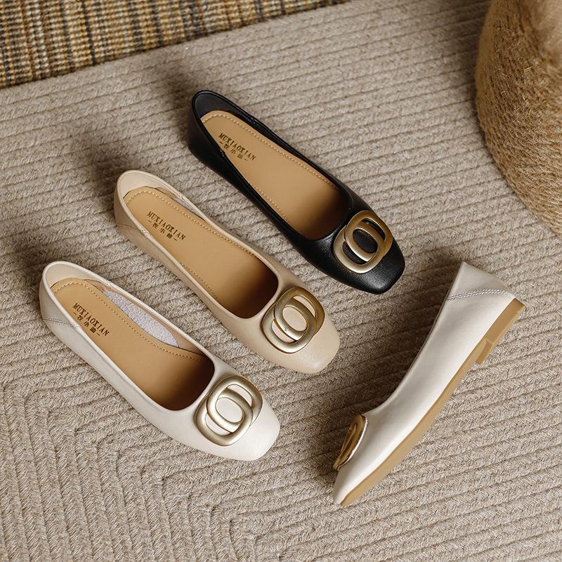 Anti-genuine leather versatile grandma shoes women's shallow mouth square head one pedal Mary Jane soft flat single shoes women's summer
