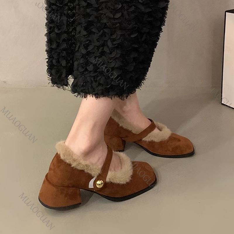 Elegant Chunky Heel Furry Pumps for Women Retro Square Head Plush Mary Jane Shoes Fashion Suede Middle Heeled Women Dress Shoes