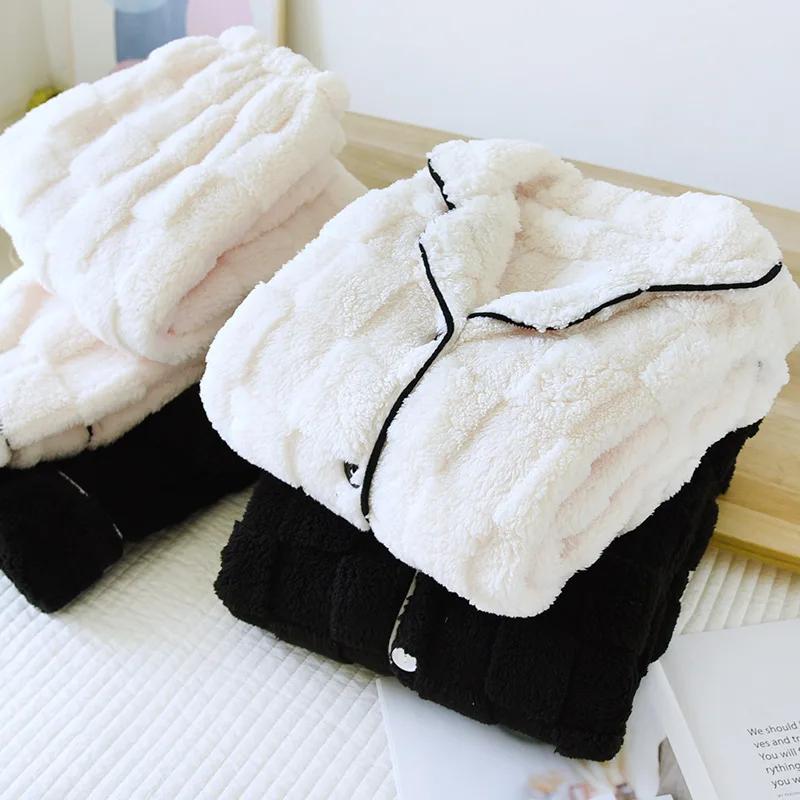 Autumn/Winter Updated Couple Sleepwear Kit Flannel Thickened Long Sleeve Pants for Men and Women Coral Fur Home Fur