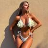 2Pcs/Set Women Bikini Set High Slit Swimming Trunks Adjustable Halter Strap 3D Hand-Sewn Flowers Bikini Bra Set Vacation Party Swimwear